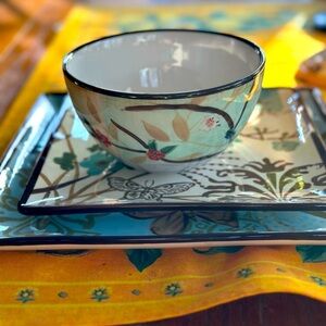 3 Piece Ceramic Floral Butterfly Place Setting, Square Plates, Floral NWT